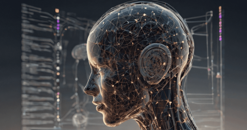 A digital human-like figure with interconnected nodes and circuits, symbolizing artificial intelligence and technology.